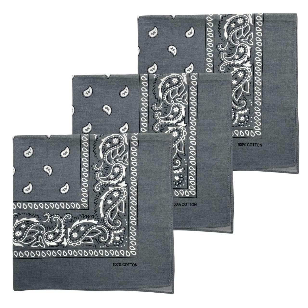 Photo 1 of MDSTYLE 3 PCS 100% Cotton Bandana for Men & Women 22" x 22" Paisely Pattern Handkerchief Headband Scarf (3 Pcs Grey)