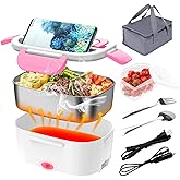 CHARMDOO Electric Lunch Box, Food Warmer Heater 12V 24V 110V, 80W Faster Heated Lunch Box for Car/Truck/Home Portable Heating Boxes with 1.5L 304 SS Container Fork & Spoon, White+Pink