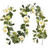 Heuihm 6Ft Artificial Eucalyptus Flower Garland,Flower Garlands with 6 White Roses,Eucalyptus Garland with Flowers Use for Wedding/Table/Backdrop/Arch Birthday Party Indoor Outdoor Decor