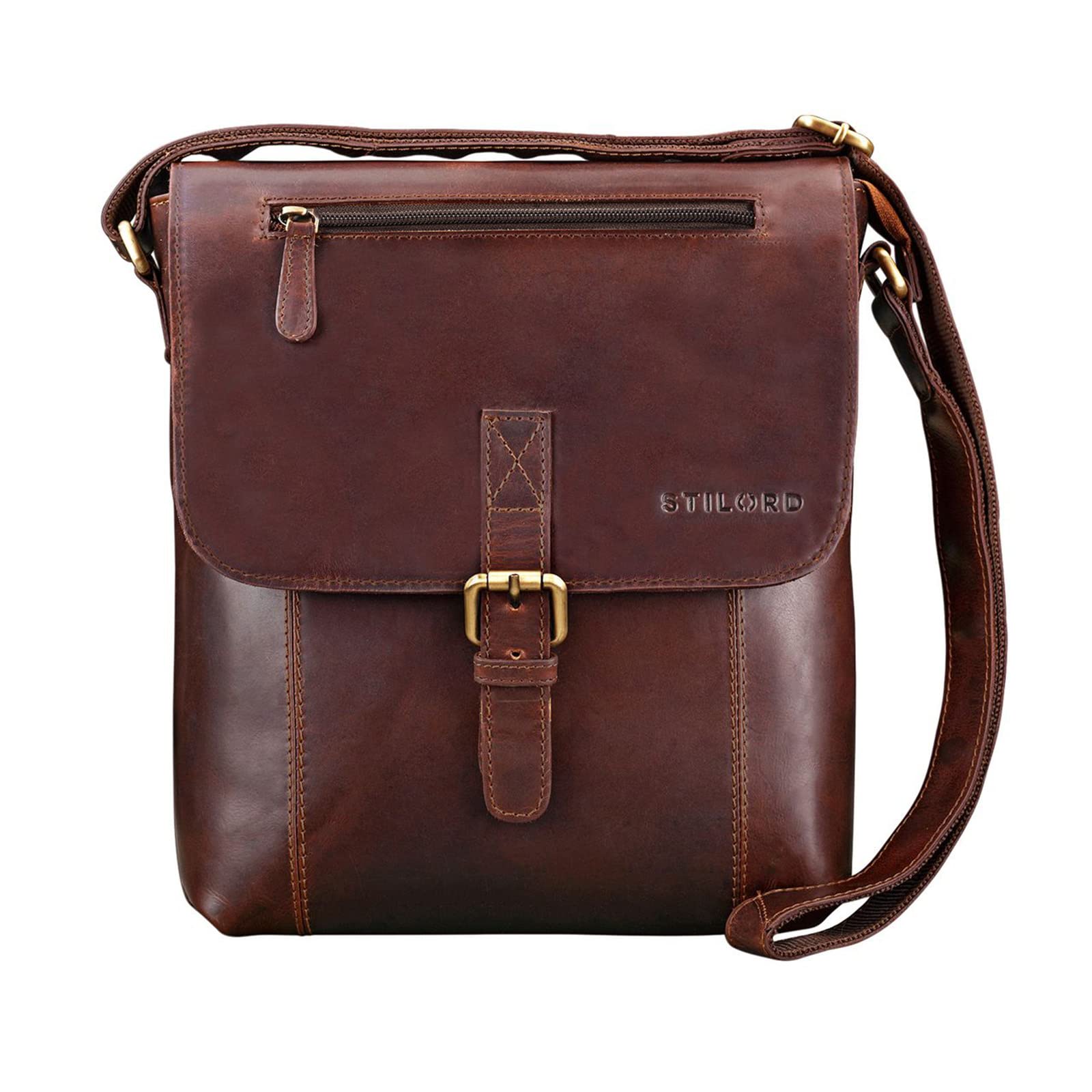 STILORD "Matthias" Men Shoulder Bag Leather Vintage Messenger Bag 10.1 inch Tablet iPad Small in Genuine Cowhide Leather Colour:Cognac Dark Brown