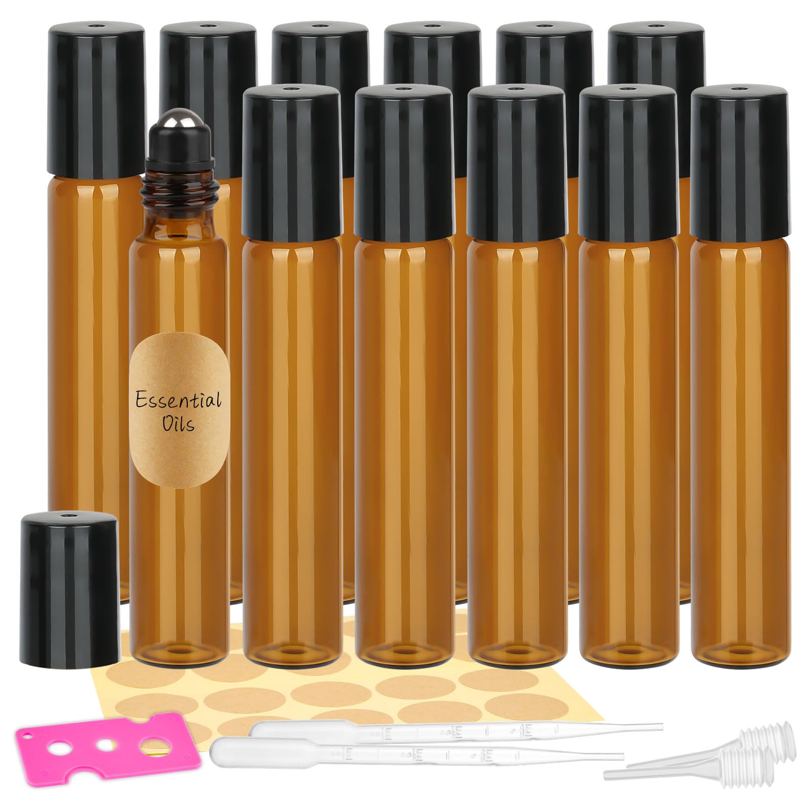 Maxmoc 12pcs Essential Oils Roller Bottles, 10ml Glass Roll on Bottles with Stainless Steel Roller Balls, Roller Ball Bottles with Bottle Opener, Dropper, Pipette, Label for Fragrance, Aromatherapy