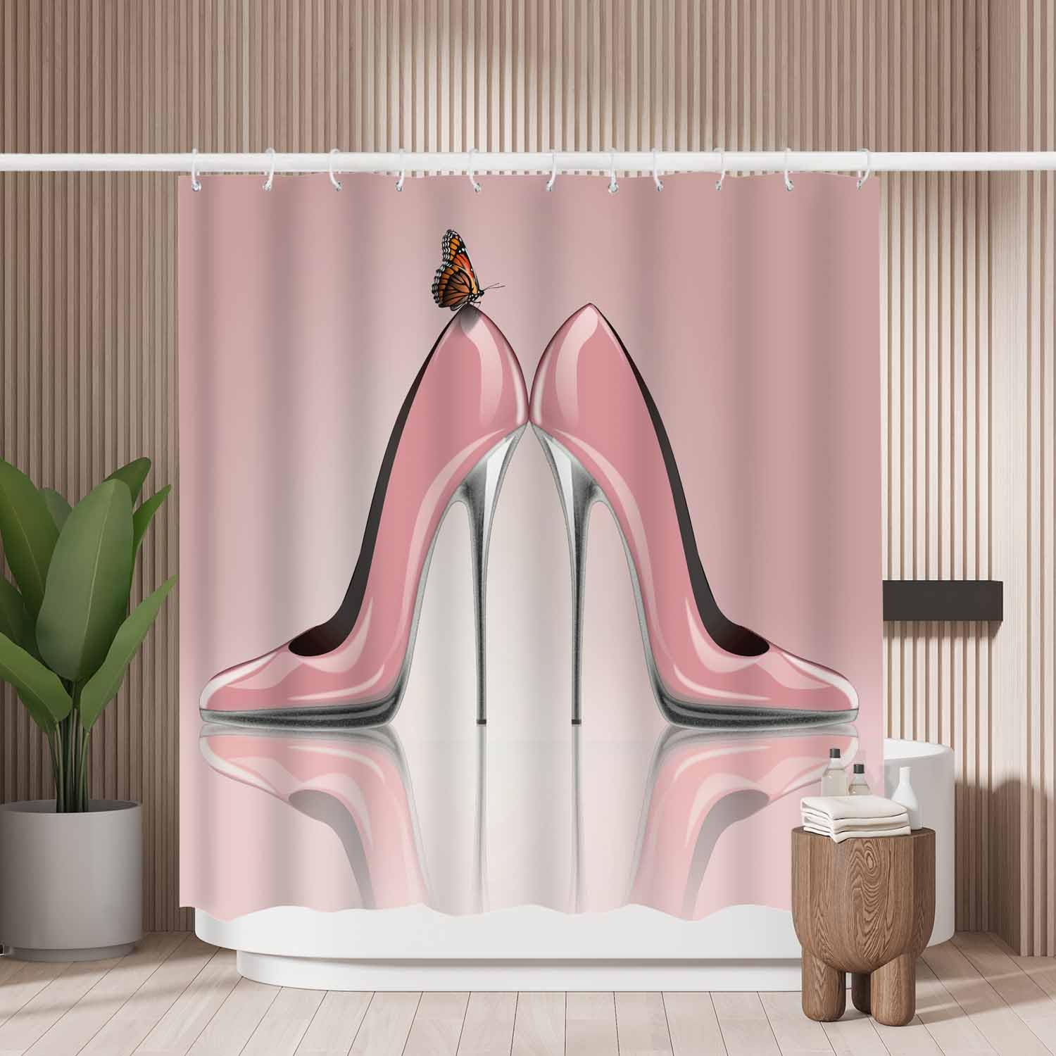 Woutay Shower Curtain Water Repellant Fabric Pink High Heels,Mould Proof Resistant,Polyester,with 12 Plastic Hooks