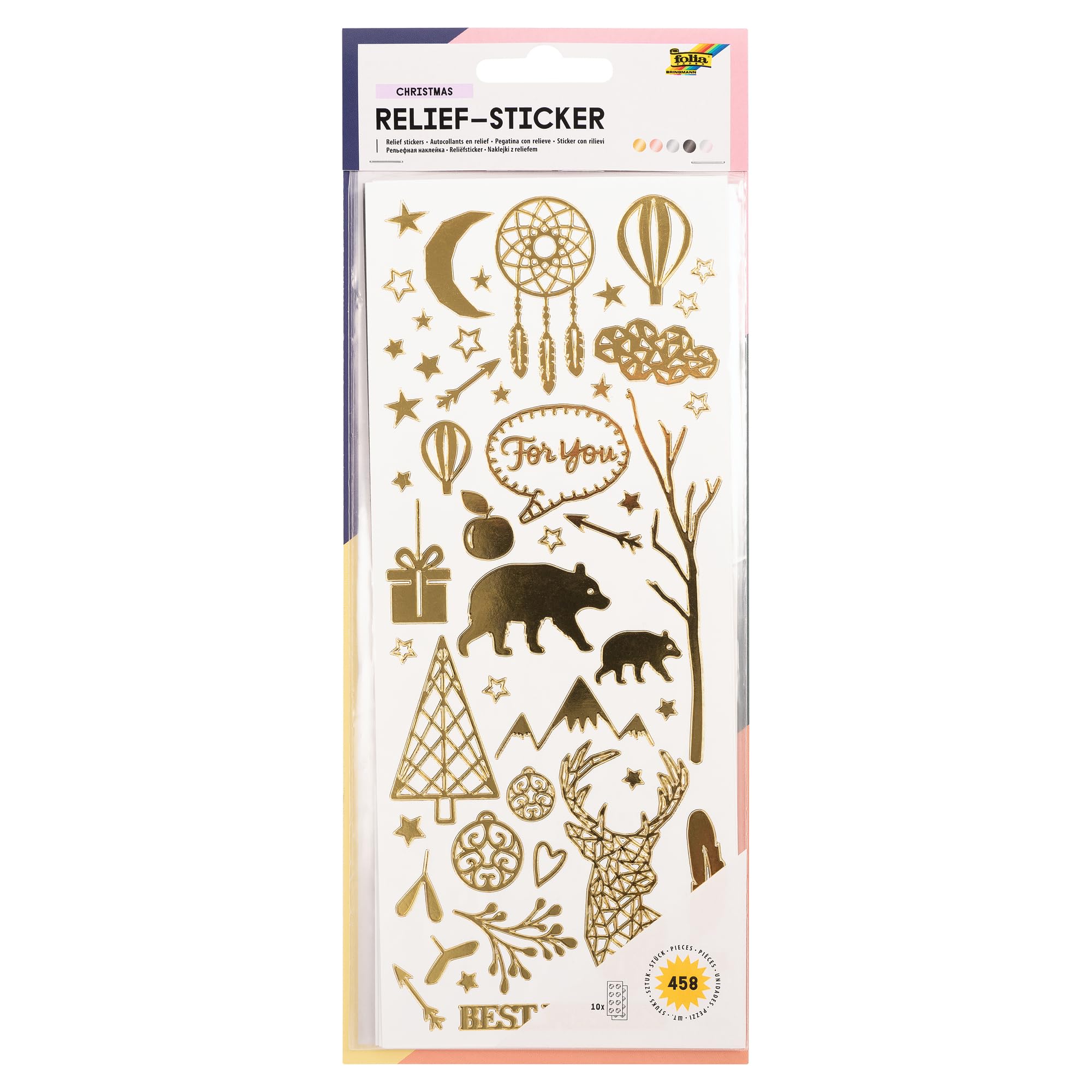folia Relief Christmas II 12911 High-Quality Stickers 10 Sheets Approx. 10 x 24 cm Assorted Designs Ideal for Decorating Greeting Cards, Crafts and Scrapbooking