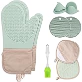 8-Piece Silicone Oven Mitts and Pot Holders Set with Hanging Loops - Heat Resistant Kitchen Gloves with Non-Slip Honeycomb Grip - Includes Mini Mitts & Trivet Mats for Cooking, Baking - Green