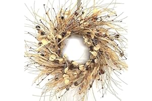 HUASHEN 24 Inch Fall Pip Berry Wreath Artificial Eucalyptus Front Door Wreath Flower Pinecones Ivory Foliage Mixed Wreath on Farmhouse Grapevine for Wall Window Decoration Christmas Home Décor