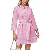 Women's Button Down Shirt Dress Fall 3/4 Sleeve Belted Tunic Casual Cotton Linen RIC Rac Trim Mini Dresses with Pockets