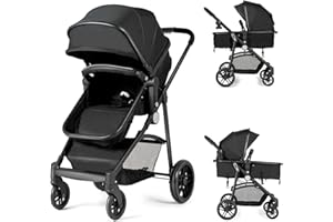 HONEY JOY Baby Stroller, High Landscape Convertible Infant Bassinet Stroller, Adjustable Canopy & Backrest, Storage Basket, Cup Holder, Foldable Newborn Carriage Pram Stroller (Black)