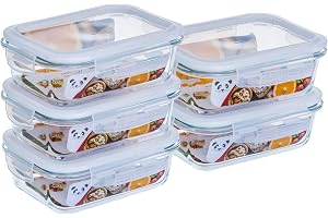 Kit com 5 Potes de Vidro Gato Panda, 640 ml, Retangular, com Tampa Hermética, Branco