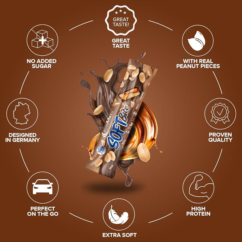 Barra de Proteína de Caramelo de Amendoim SoftBite, 12 × 50 g – Textura extra suave, rica em proteína e fibra, sem açúcares adicionados, ideal para consumo diário