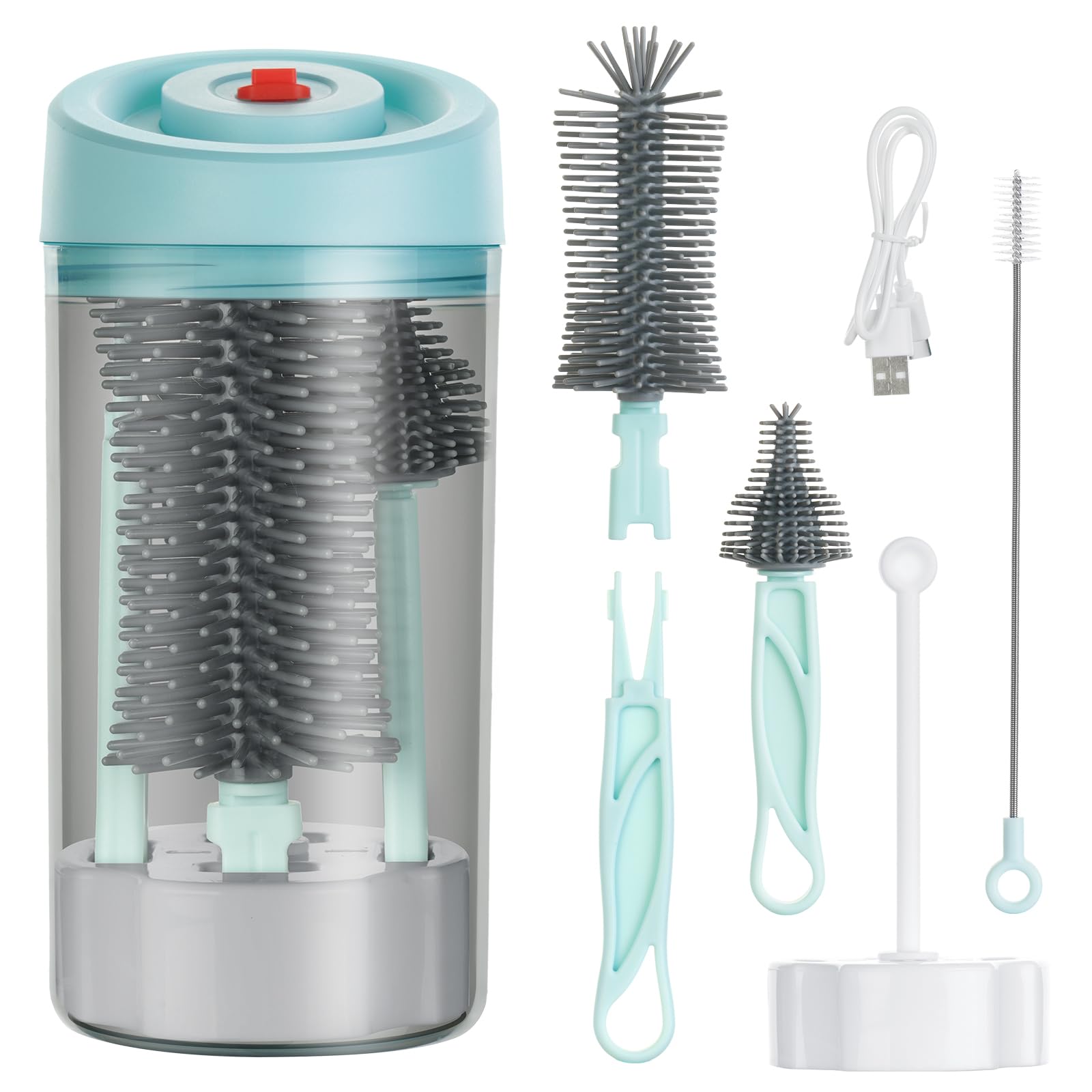 Vicloon 5 in 1 Travel Baby Bottle Set - Portable Silicone Bottle Brush, Straw & Pacifier Brush, Sterilization Box, Drying Rack, Blue