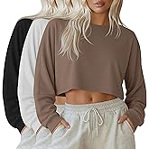 JoyMotion 3 Pack Womens Cropped Trendy Sweatshirts Oversized Casual Crewneck Shirts Raw Neckline Lightweight Workout Tops