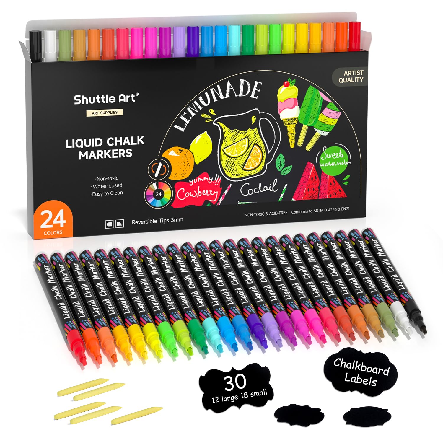 Shuttle Art Chalk Markers, 24 Vibrant Colors Liquid Chalk Markers Pens for Chalkboards, Windows, Glass, Cars, Erasable, 3mm Reversible Fine Tip with Chalkboard Labels for Office Home Supplies
