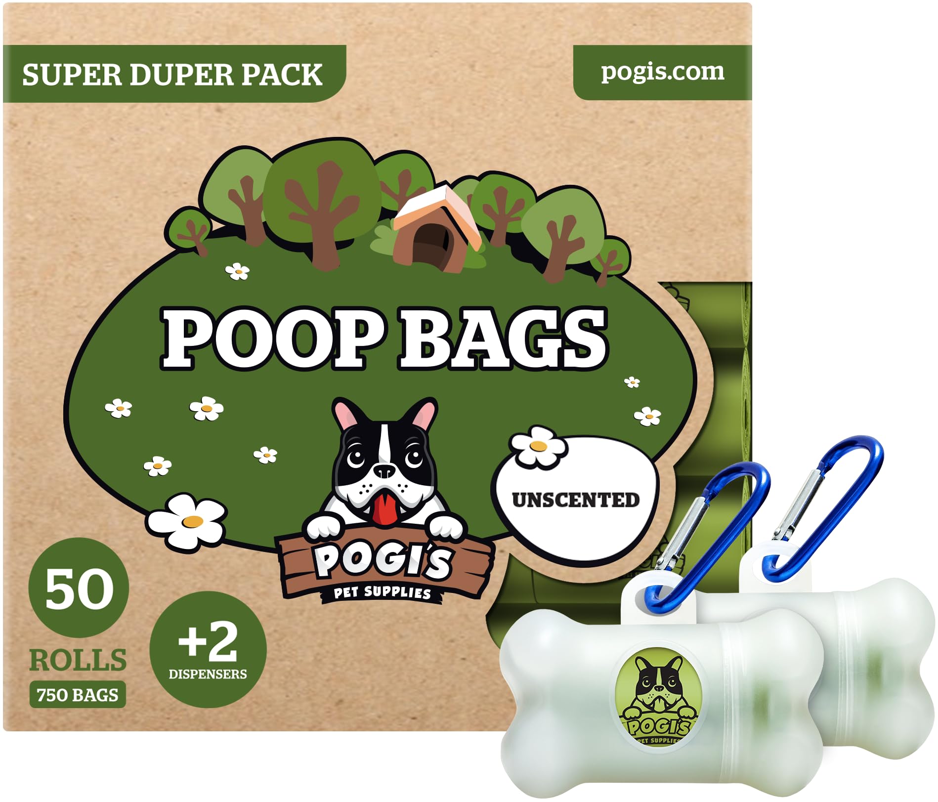 Pogi’s Dog Poo Bags – Leak-Proof & Extra Thick Pet Waste Bags with 2 Holders (Unscented, 50 Rolls, 750-Count)
