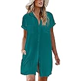 AI'MAGE Womens Bathing Suit Cover Ups Summer Shirt Dress Casual Short Sleeve Button Down Beach Shirts with Pockets S-XXL