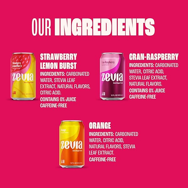 ZEVIA ZERO SUGAR SODA, FRUITY VARIETY PACK, 12 OZ CANS (24-PACK) – NATURALLY SWEETENED, ZERO CALORIE SUGAR FREE SODA – NON-GMO PROJECT VERIFIED, GLUTEN-FREE, VEGAN