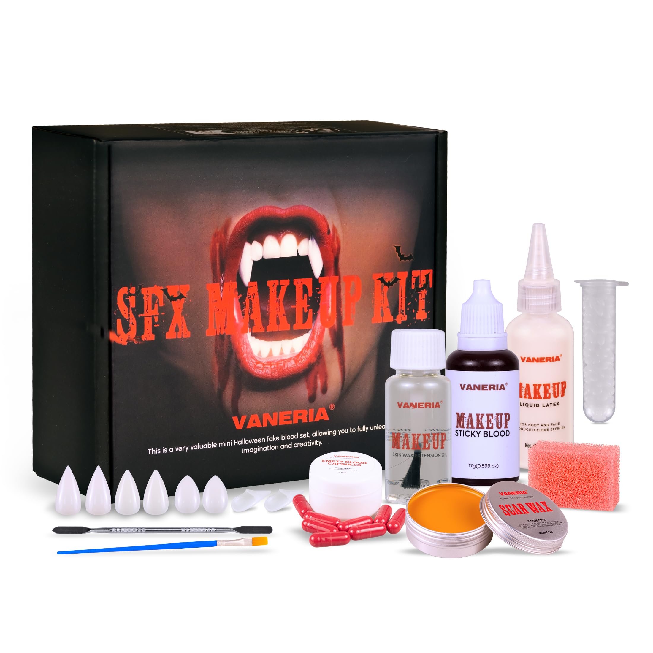VANERIA Halloween Vampire Make Up Kit SFX Makeup Kit 4 Pairs Vampire Teeth, Scar Wax and Spatula, Fake Blood Capsules,Sponges,Liquid Latex Special Effect Makeup Kit Professional ﻿