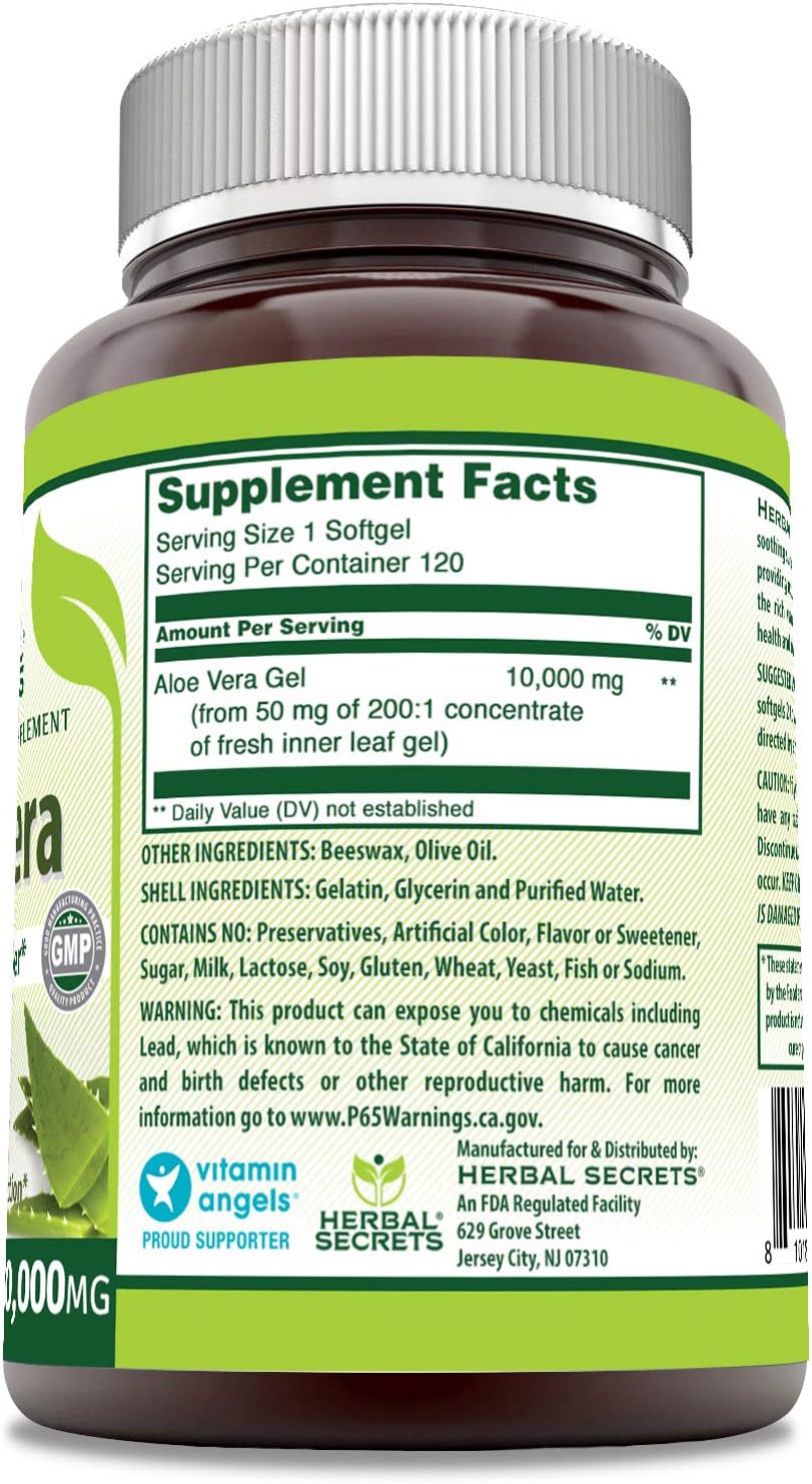 Herbal Secrets Aloe Vera 10000 Mg, 120 Softgels (Non-GMO) - Regulates Intestinal Bacteria, Soothes Digestive Track, Helps Improve Immune Function*: Health & Personal Care