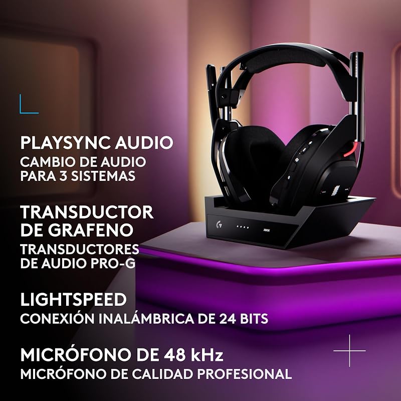 Logitech g astro a50 lightspeed gaming headset wireless + estação base (gen 5), pro-g graphene, alternar entre 3 sistemas, usb-c para xbox, ps5, pc/mac ou nintendo switch, bluetooth - preto