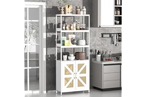 TOOBVEST Kitchen Bakers Rack with Storage, 70.8'' Tall 5 Tier Farmhouse Pantry Cabinet with Rattan Doors, Industrial Kitchen Hutch with Large Microwave Storage Rack Freestanding Wine Cabinet Living Room, White