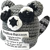 ToukTicu Positive Raccoon Emotional Support Crochet: Tiny Handmade Crochet Animal Trash Panda Plush Inspirational Desk Buddy for Teen Women Female Friend Coworker Bestie Desk Home Decor, Already Made