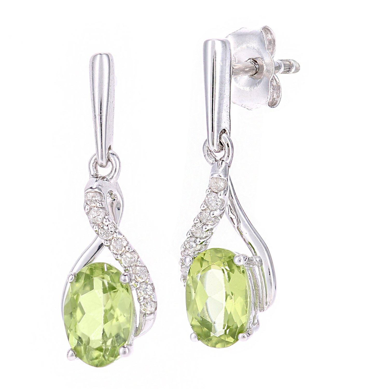 Naava 9ct White Gold Oval Peridot and Diamond Twist Drop Earrings