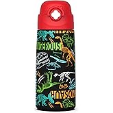 Boys Insulated Water Bottle with Covered Pop-Up Straw,16 oz Kids Cups with Stainless Steel Leak Proof for School（Red-Dinosaur）
