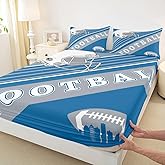Erosebridal Sports Football Bed Sheets White and Sky Blue Rugby Helmet Bedding Set Full, Football Themed Fitted Sheet Retro 3D Ball Game Sheets with 2 Pillowcases