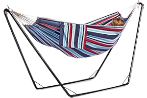 GAFETE Double Hammock with Stand for Outside, Stable V-Shape Space Saving Steel Stand 2 Person, Comfortable Pillow & Convenient Side Pocket, Indoor & Outdoor, Max 450 lbs Capacity (Abyss)