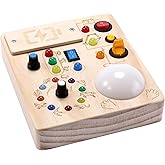 Toddler Busy Board ,Montessori Toy with Tap Light ,6.9"x5.9" Wooden Busy Board with LED Traffic Light for Kids , Travel Sensory Toys for 1+ Year Old baby Christmas/Birthday Gift(Battery Not Included)