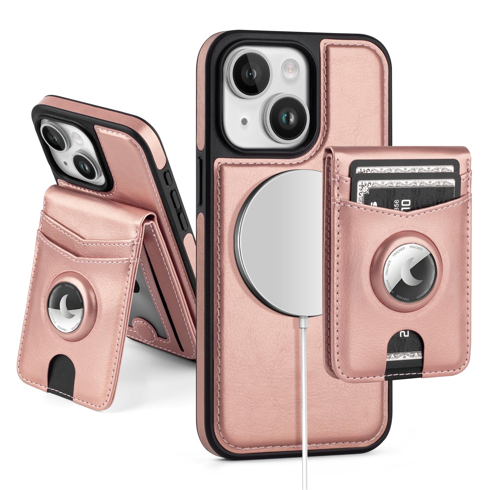 SkyEagle Compatible with MagSafe iPhone 15 Plus Case Wallet with AirTag Holder,2 in 1 PU Leather Magnetic Detachable RFID Blocking Credit Card Holder Flip Cover Kickstand for Men Women,Rose Gold