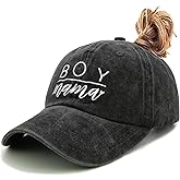 Qoyupuza Boy Mama Ponytail Hat, Adjustable Washed Distressed Twill Plain Baseball Cap for Women Funny Gift for Mothers Day
