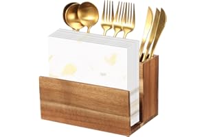 Kitchen Flatware Caddy, Wooden Kitchen Utensil Holder with 3 Compartments and Napkin Holder, Silverware Holders for Party, Re