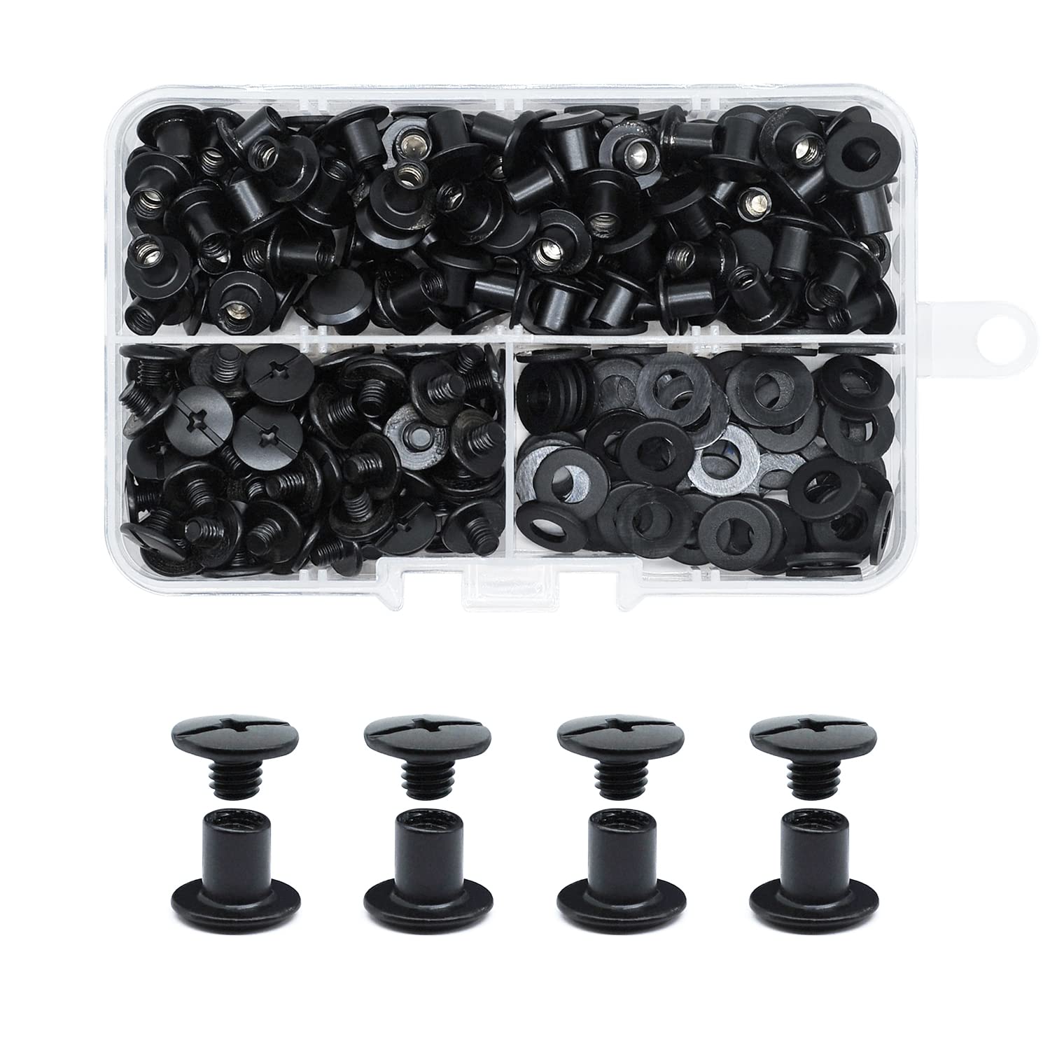 JINTANG 90 Sets M5x6mm Chicago Screws Leather Rivets for Fabric Chicago Binding Screws Buttons Metal Studs Rivets for Decorate and Repair Belts Bags Shoes Purse Dog Collar Leather Craft, Matte Black