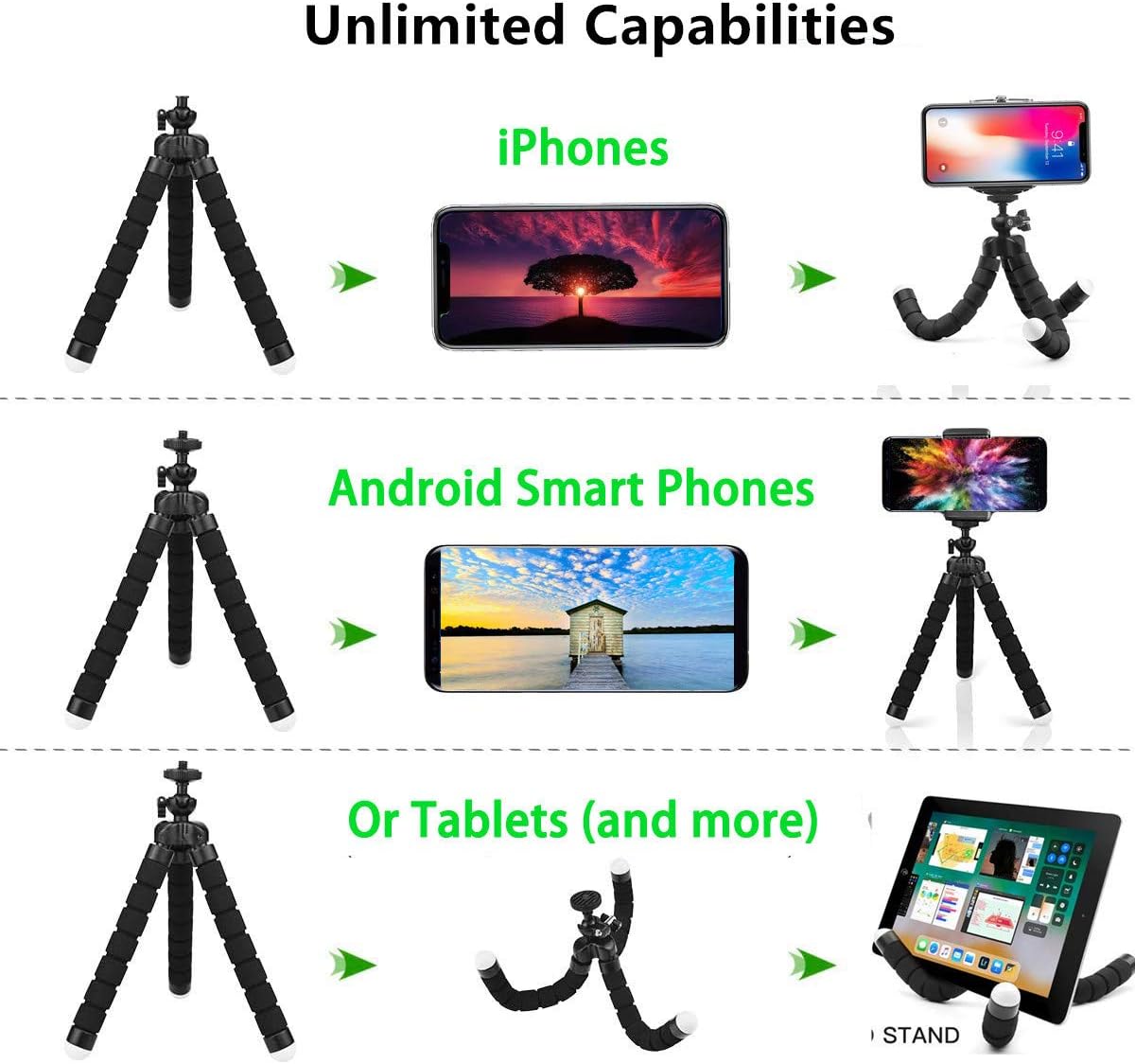 Premium Phone Tripod, Flexible Tripod Compatible with Phone/Android Samsung Mini Tripod Stand Holder for Camera Mobile Cell Phone 10'' : Camera & Photo