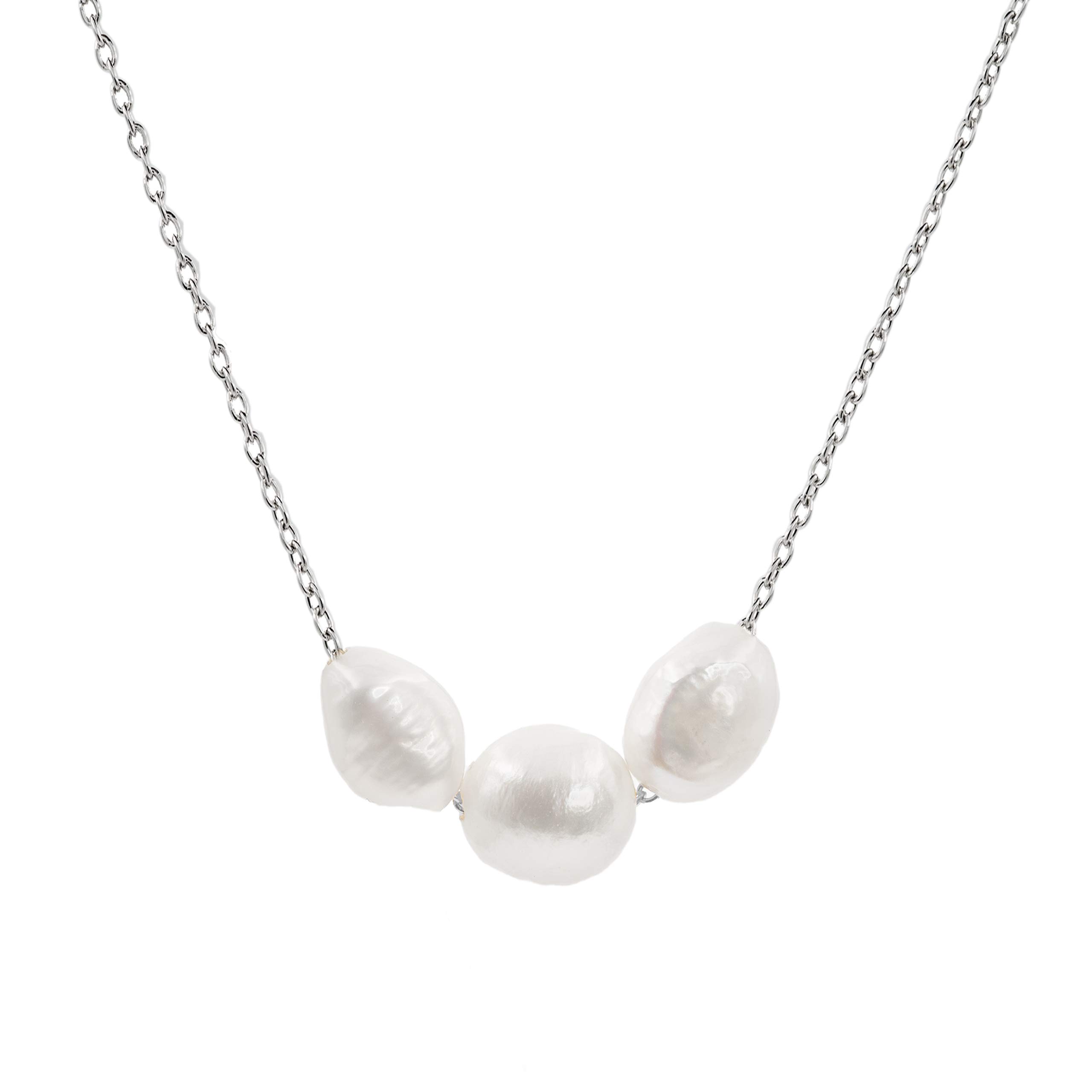 Secret & You Women's Pearl Pendant Necklace with Three Freshwater Cultured Pearl Baroque shape 8-9 and 9-10 mm - 925 Sterling Silver Chain and Pendant Rhodium 38-45 cm long
