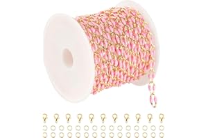 YOUBEIYEE Pink Enamel Chain for Jewelry Making, 2 Meters Gold Plated Brass Cable Link Chain Roll with 30pcs Jump Rings and 10pcs Lobster Clasps