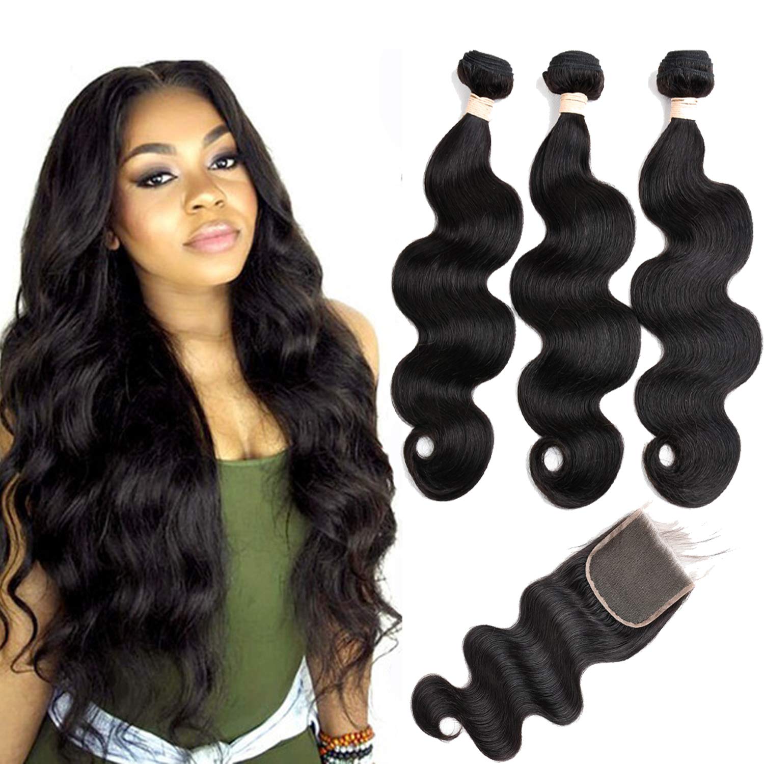 Beauhair Brazilian Body Wave Virgin Human Hair Bundles with Closure (22 24 26 with 20 closure) Unprocessed Bundles with Lace Closure Body Wave Hair with Closure 4X4 Lace Free Part Natural Black Hair