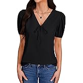 LYANER Women's Ruched Puff Sleeve V Neck Tie Knot Loose Fit Dressy Casual Blouse Shirt Top