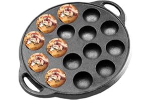 VONOTO Takoyaki Pan, 9" Cast Iron Escargot Dish 15 Molds, Takoyaki Maker Skillet, Baking Tray for Octopus Balls Pancake (9" 1
