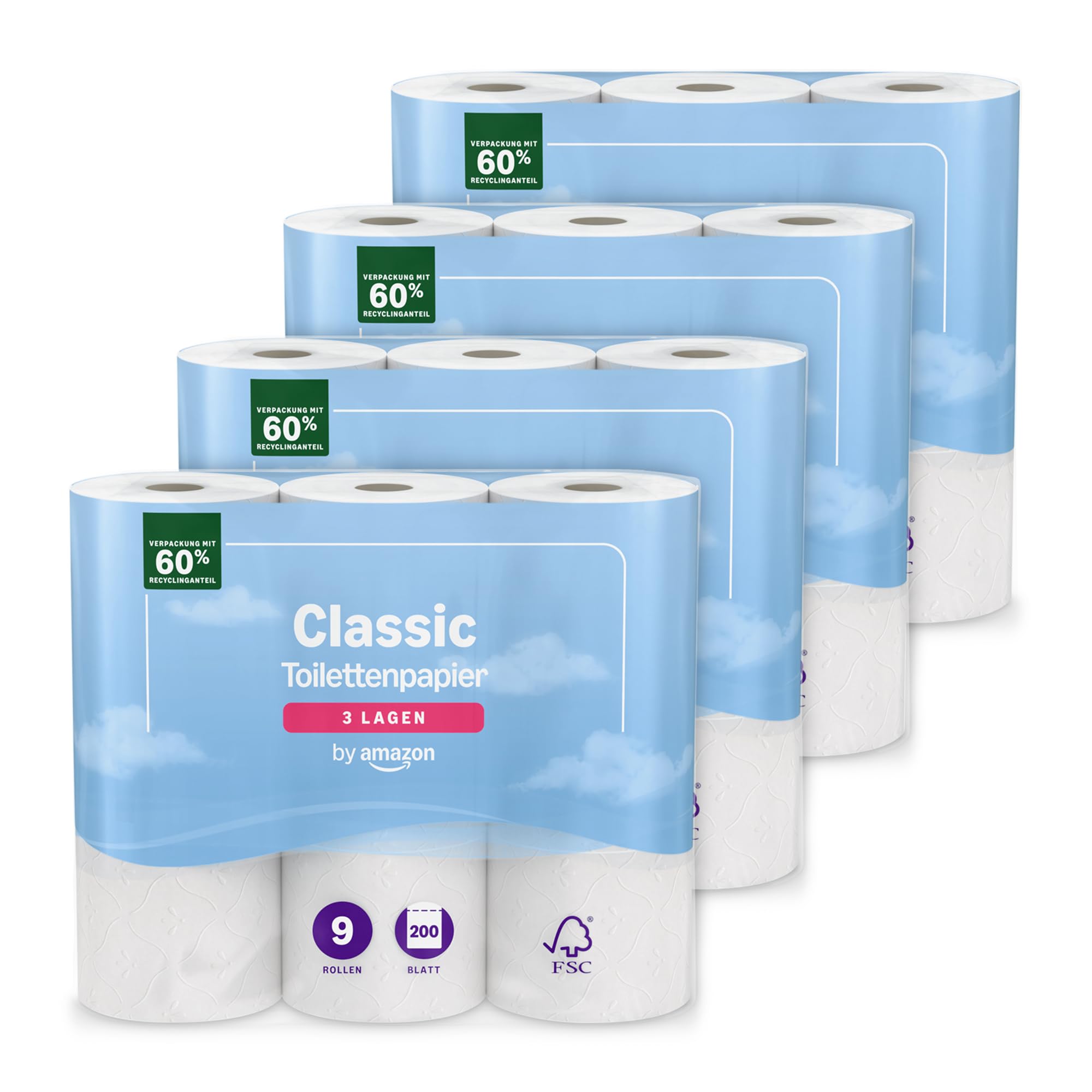 by Amazon Klassisches Toilettenpapier, 3-lagig, 36 Rollen (9 Rollen, 4er-Pack), 200 Blatt pro Rolle, FSC-zertifiziert