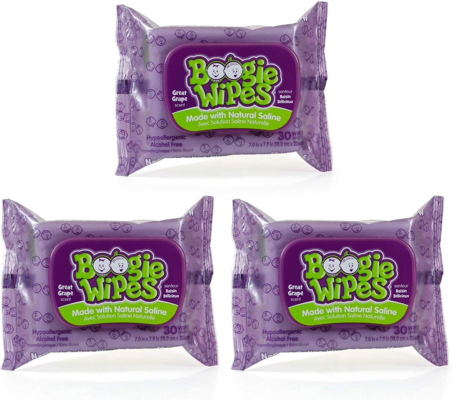 Boogie Wipes Soft Natural Saline Wet Tissues for Baby and Kids Sensitive Nose, Hand and Face with Moisturizing Aloe, Chamomile and Vitamin E, Grape Scent, 30 Count/Pack of 3