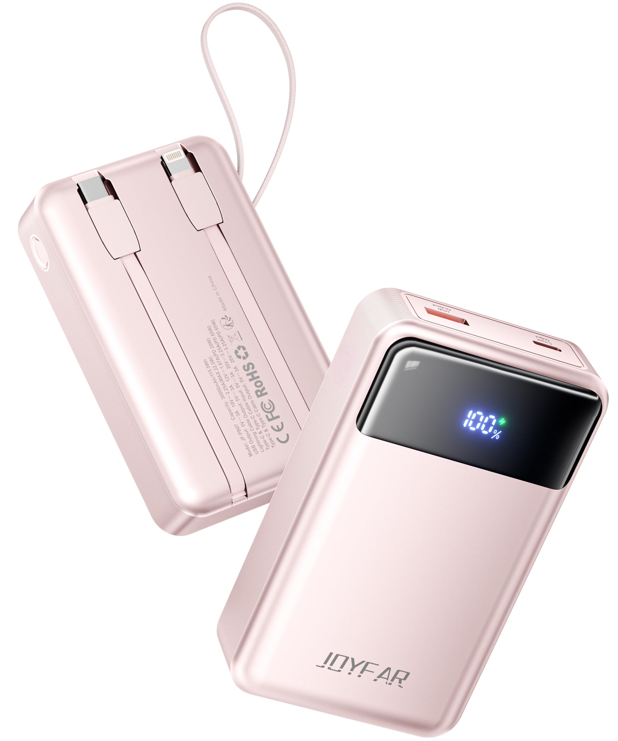 Photo 1 of JOYFAR Portable Charger Power Bank - 30000mAh 65W Laptop Travel Essentials Battery Pack USB C Built in Cable Phone Fast Charging Compatible with iPhone 16 15 14 13 iPad MacBook Samsung Google (Pink)