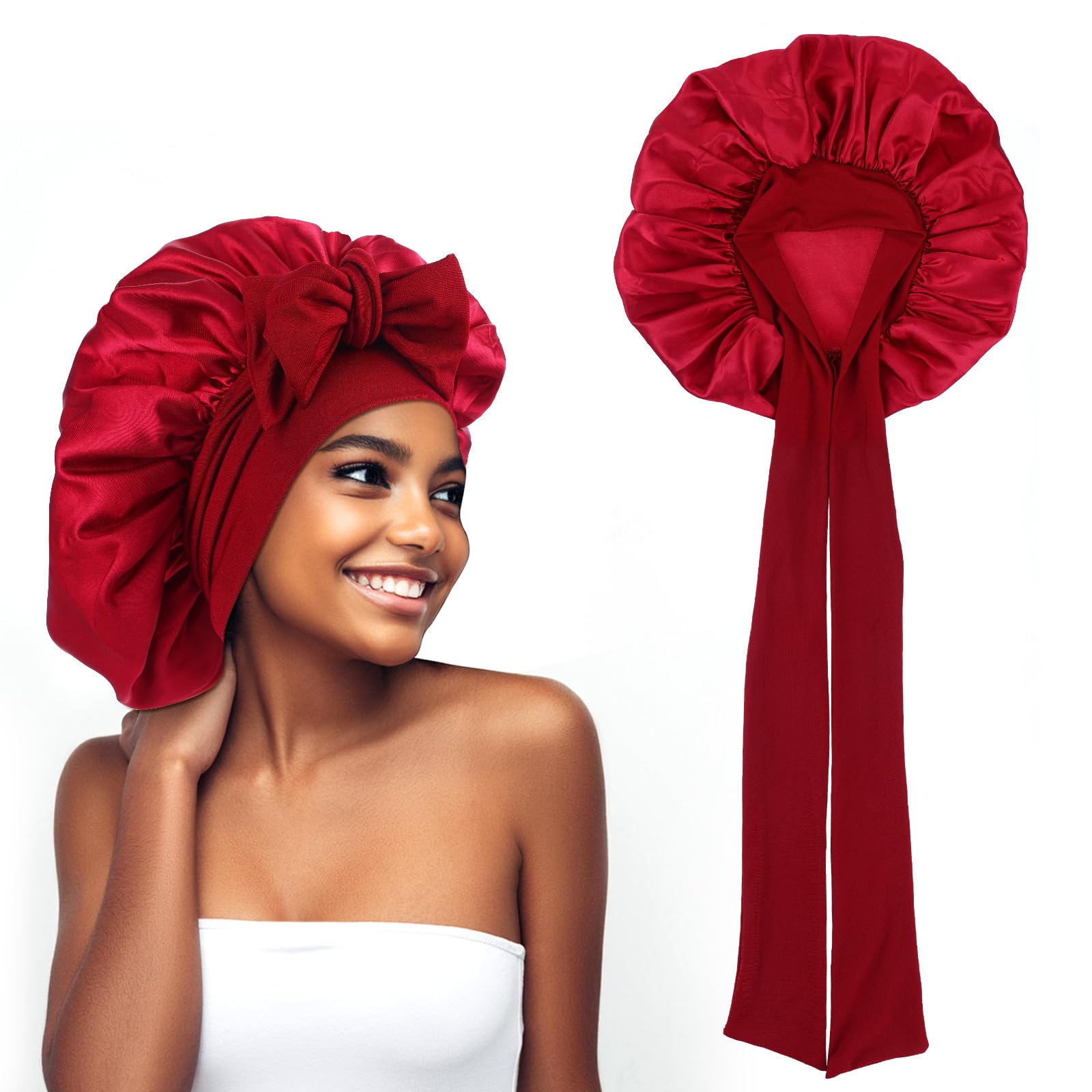 Abeillo Silk Sleep Bonnets for Women, 1PC Adjustable Satin Night Sleeping Cap Soft Elastic Band Silk Bonnets for Sleeping, Hair Bonnet with Tie Band for Curly Hair Braid Women (Wine Red)
