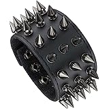 Unisex Black Metal Spike Studded Punk Rock Biker Wide Strap Leather Bracelet Chain Wristband Adjustable