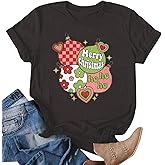 Jyvaxi Merry Christmas Shirts Women Xmas Holiday Tshirt Letter Christmas Tree Print Casual Short Sleeve Tops Tees