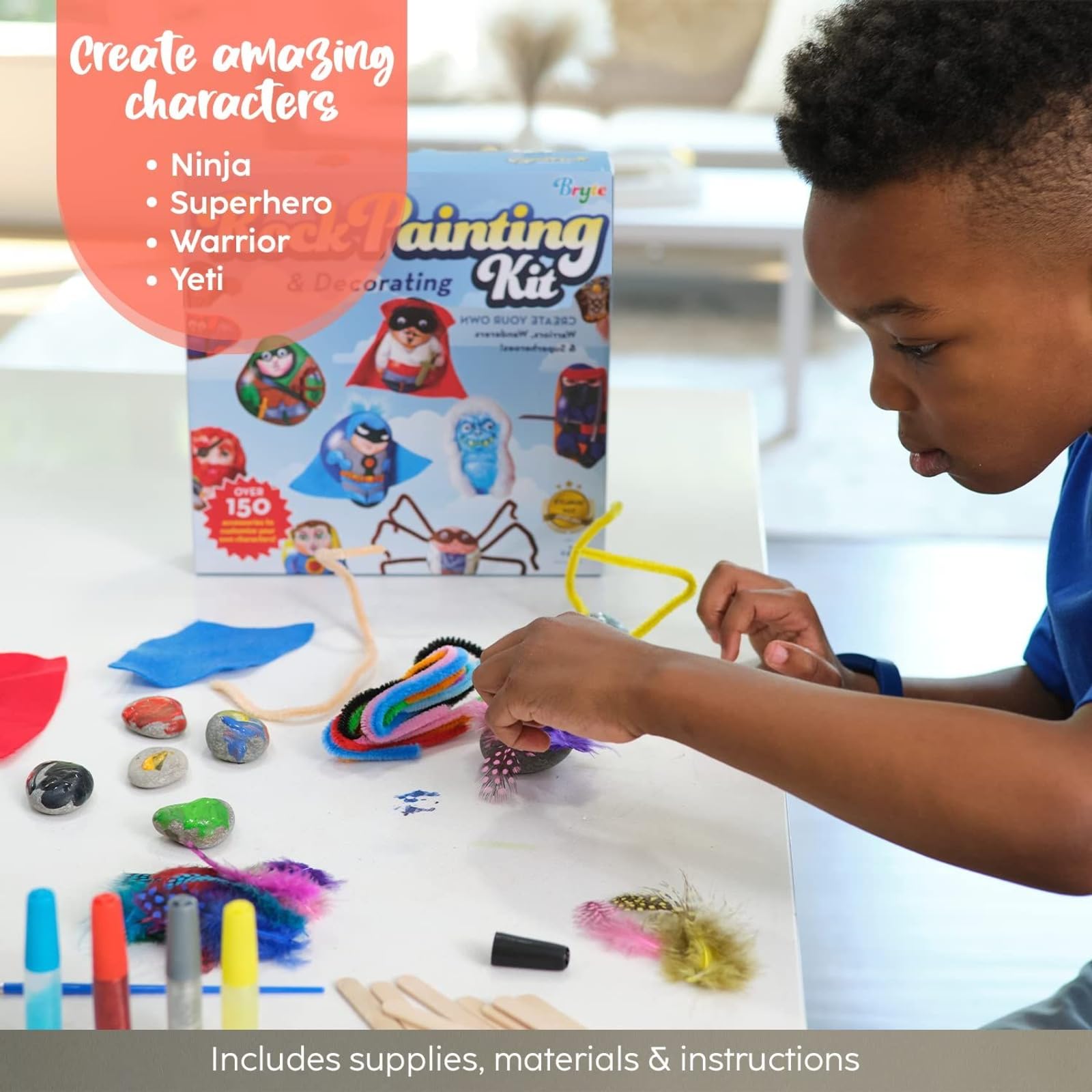 BRYTE 150+ Piece Deluxe Kids Rock Painting Kit, 10 Rocks with Waterproof Paints, Glue & Accessories, DIY Arts and Crafts STEM Activities for Age 6-12 Years, Warrior & Monster
