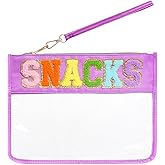 Hmxpls Chenille Letter Bag, Multi-purpose Nylon Clear Makeup Cosmetic Bags Flat Pouches with Zipper for Travel, Gym, Beach (Purple-Snacks)