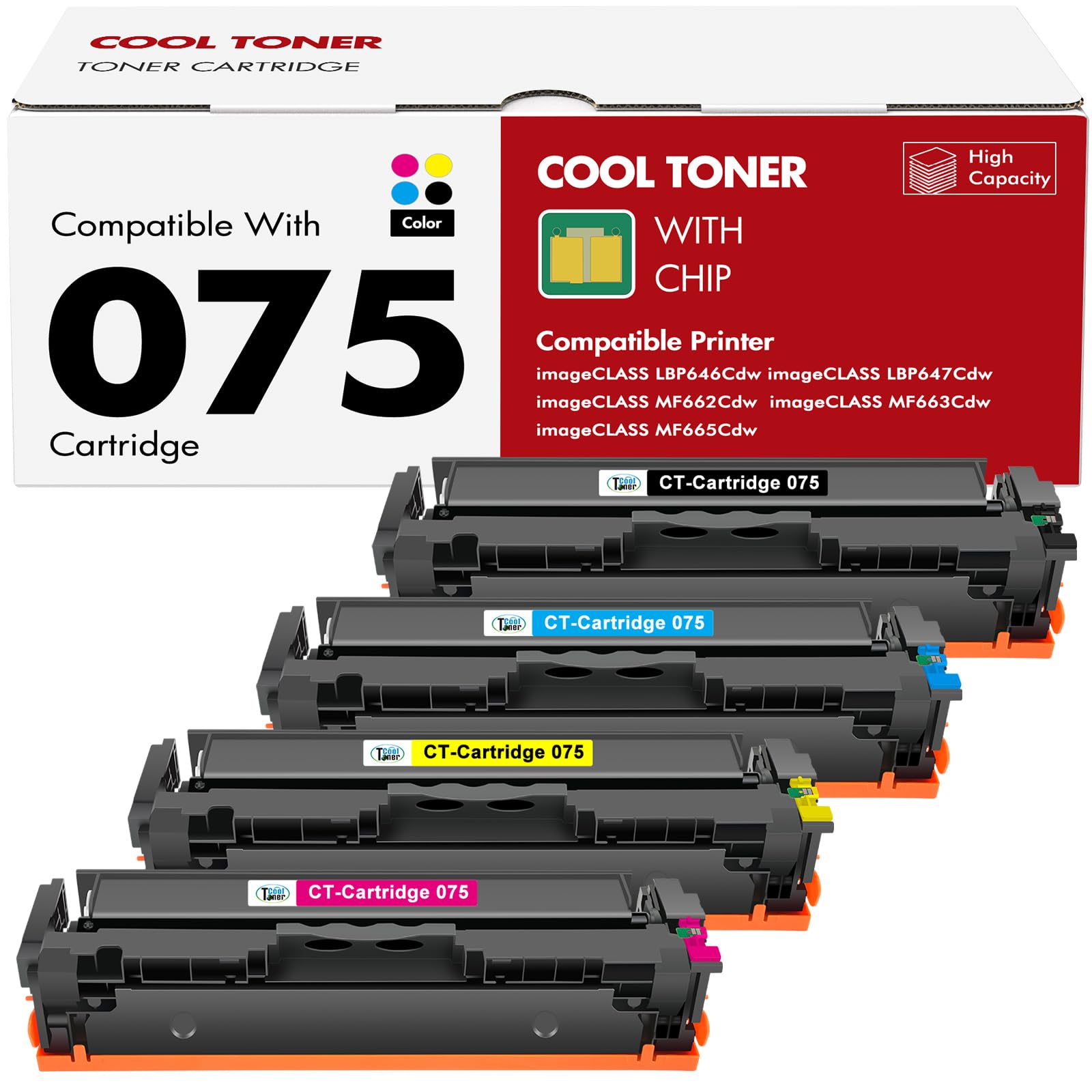 075 Toner Cartridge Set 075H: MF663Cdw MF665CDW LBP646Cdw Compatible for Canon Color ImageCLASS MF660c MF662CDW LBP647Cdw LBP640c LBP640 MF660 Printer 4 Pack High Yield Ink(Black Cyan Yellow Magenta) Image