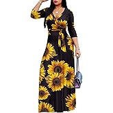 AOMONI Women's Floral Print Maxi Dresses Summer with Pockets Casual 3 4 Sleeve V-Neck Wrap Tie Waist Long Dress, M-3XL