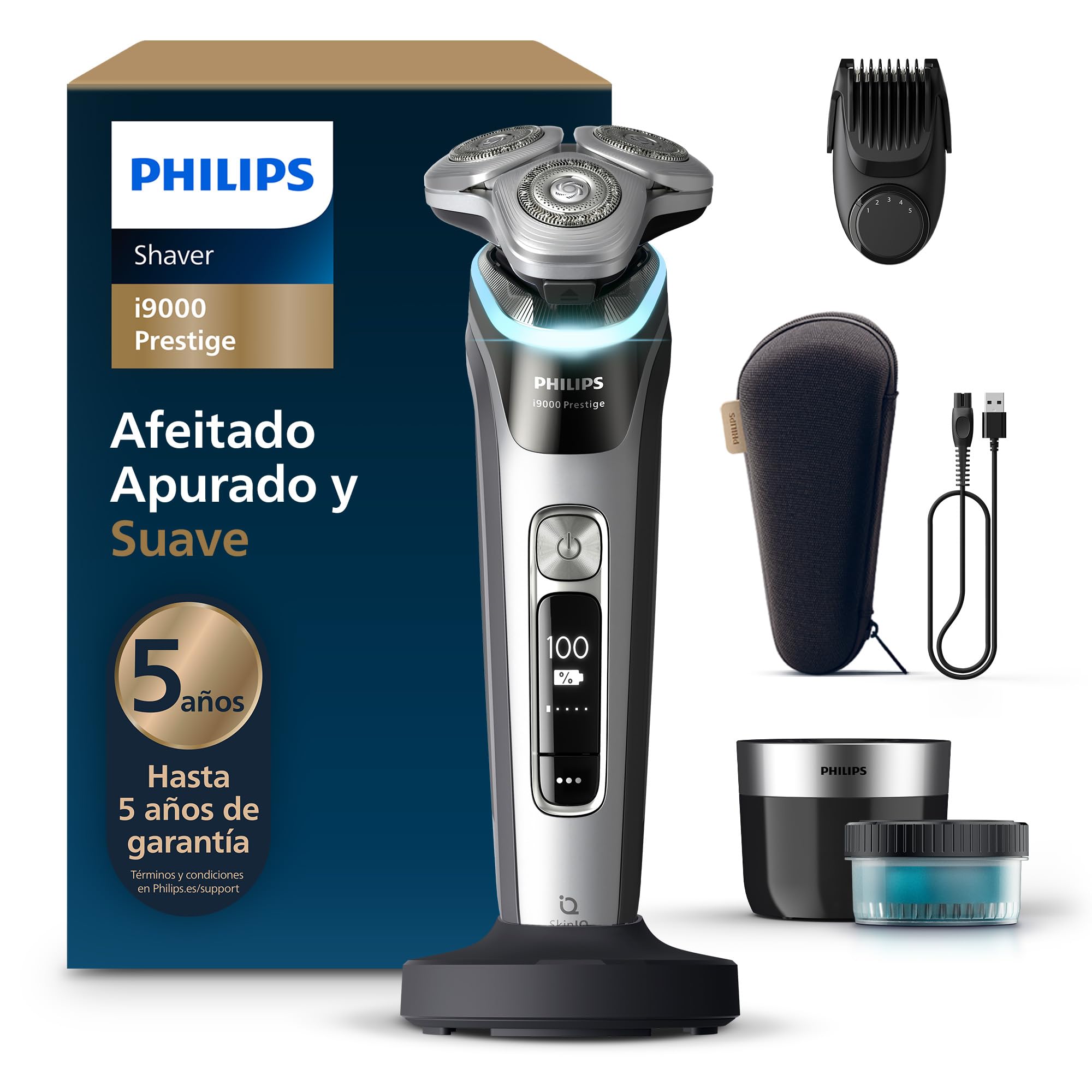 Philips i9000 Prestige, Afeitadora Eléctrica Hombre, Máquina de Afeitar Barba en Seco y Mojado, Tecnología SkinIQ, Base de Carga, Recargable, Estuche, Centro de limpieza, Recortador, XP9204/33